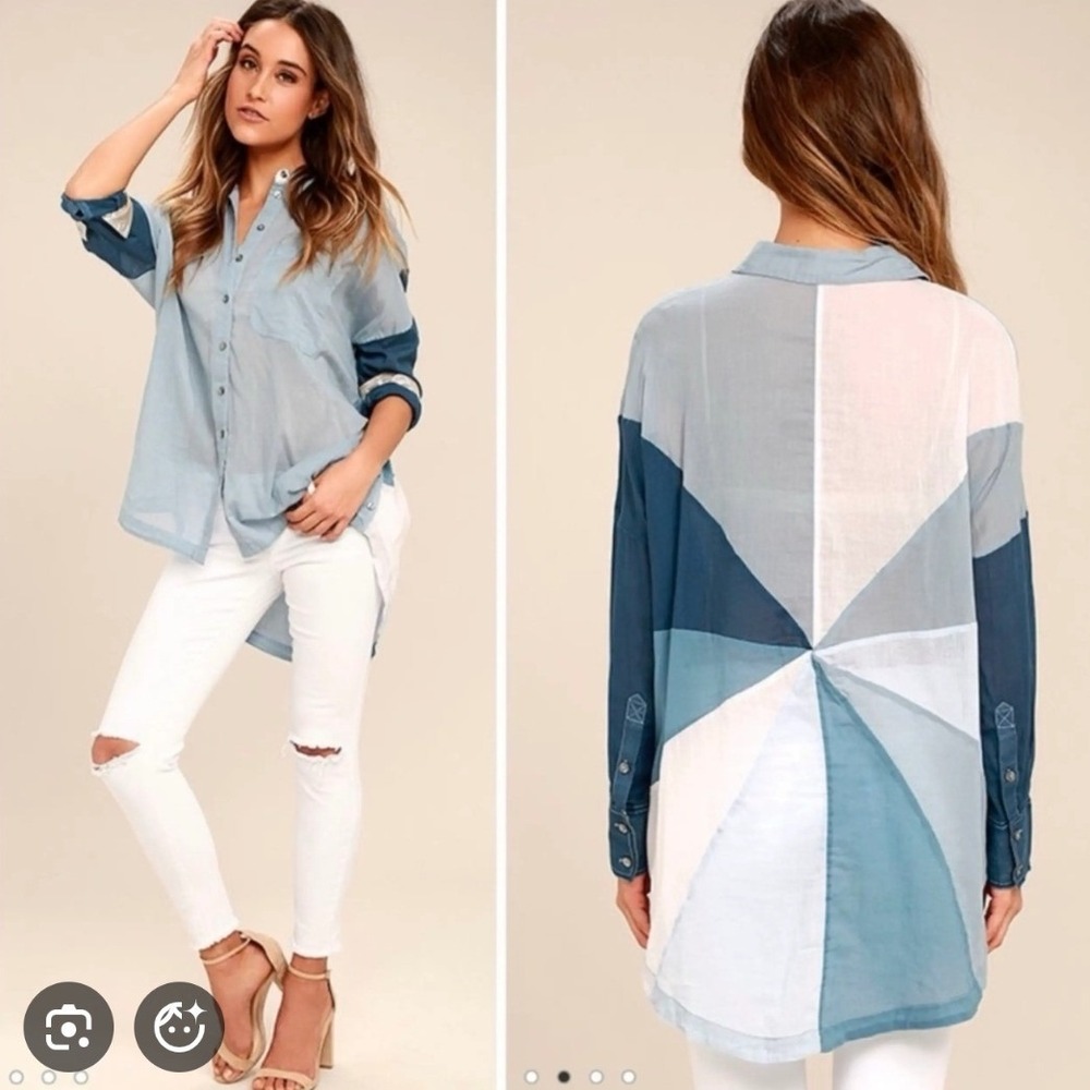 Free People Rainbow Rays Colorblock Button Down Shirt Blue Cotton- Small